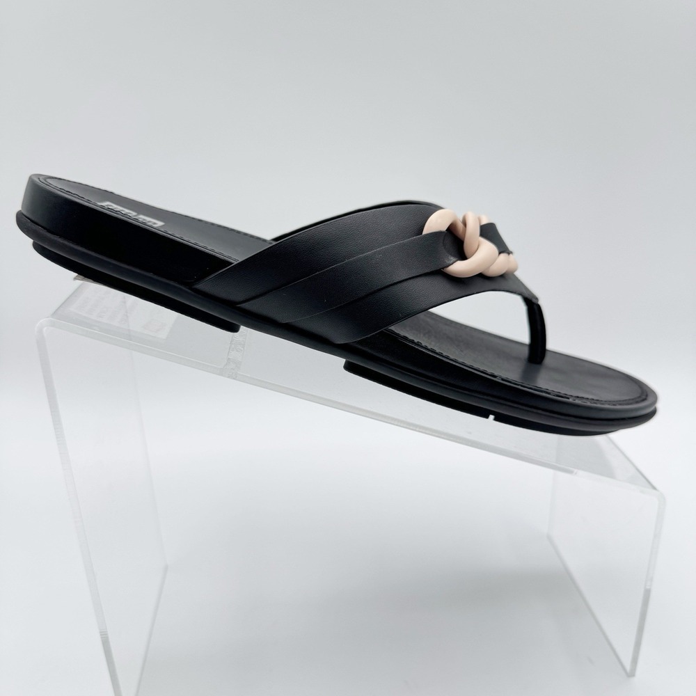 FitFlop Gracie Rubber-Chain Leather Toe Post Sandals-Black 9